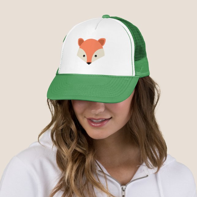 Cute Fox Face on Green Trucker Hat (In Situ)