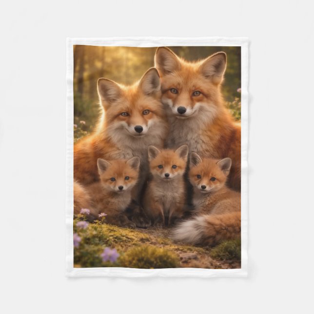 Cute Fox Family in Forest Throw Blanket (Front)