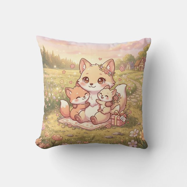Cute Fox Family Meadow Pillow (Front)