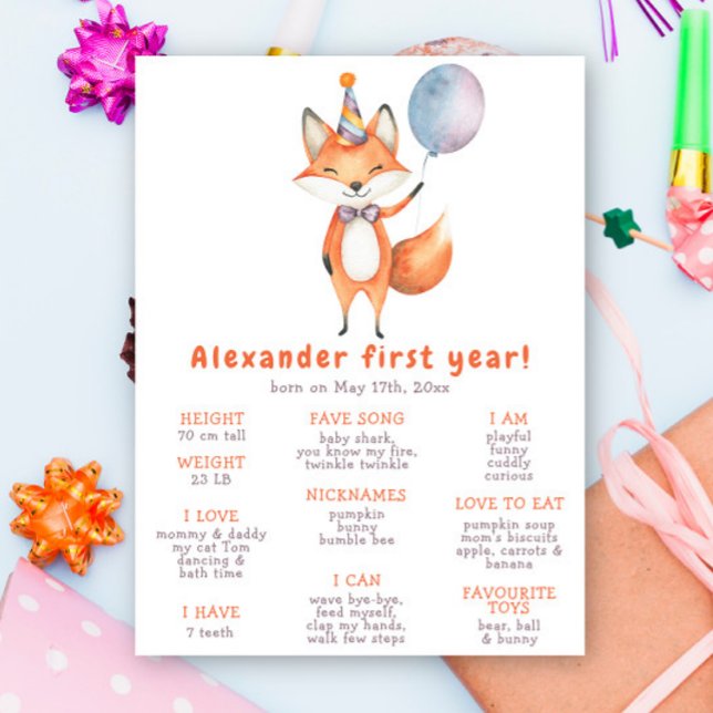 Cute FOX First Birthday Milestone Birthday Poster (Creator Uploaded)