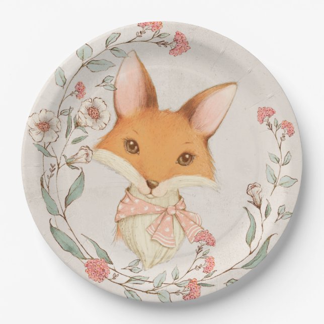 Cute Fox Floral Baby Animals Baby GIrl Shower Paper Plate (Front)