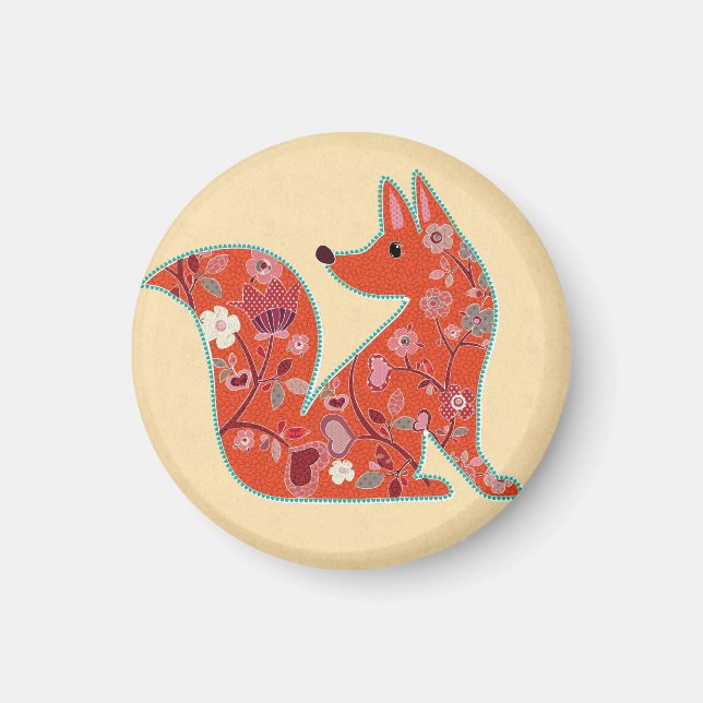 Cute Fox Floral Pattern Folk Art Magnet (Front)