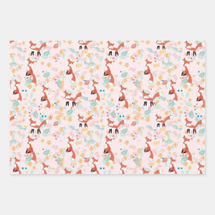 Cute Fox Floral Pink Design  Wrapping Paper Sheet
