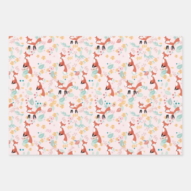 Cute Fox Floral Pink Design  Wrapping Paper Sheet (Front)