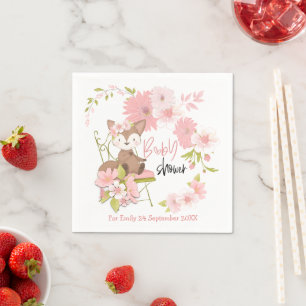 Cute Fox Florals Pink White Name Girl Baby Shower Napkin