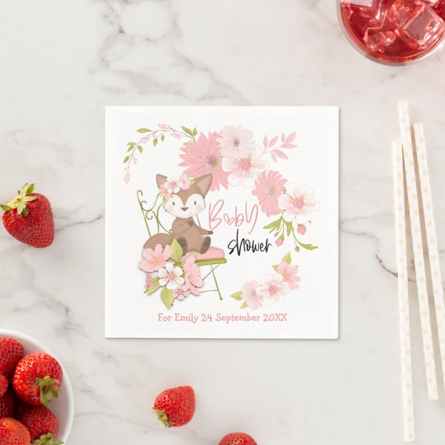Cute Fox Florals Pink White Name Girl Baby Shower Napkin (Insitu)