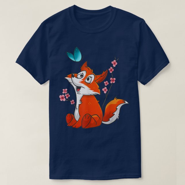 Cute Fox & Flower Graphics Japanese Cherry Blossom T-Shirt (Design Front)