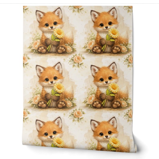 Cute Fox Flower Pattern Wallpaper Nursery (Unrolling)