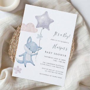 Cute Fox Flying Balloon Blue Boy Baby Shower  Invitation