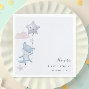 Cute Fox Flying Balloon Boy First Birthday Napkin