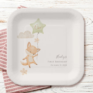 Cute Fox Flying Balloon First Birthday Party Paper Plate