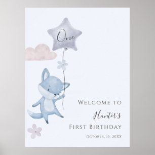 Cute Fox Flying Balloon First Birthday Welcome     Poster