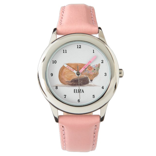 Cute Fox Girls Wildlife Animals Kids Watercolor Watch (Front)