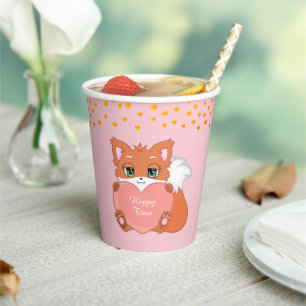 Cute Fox & Golden Confetti on Pink Paper Cups