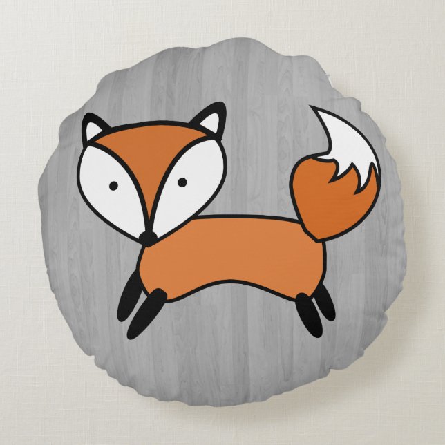 Cute Fox & Grey Wooden Planks Reversible Round Cushion (Back)