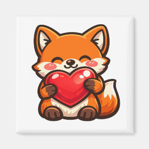 Cute Fox Heart – Kawaii Fox Hugging Red Heart, Cut Magnet
