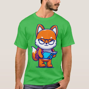 Cute Fox Holding Book With Backpack Cartoon T-Shirt