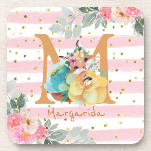 Cute Fox Illustration Sweet Monogram Coaster