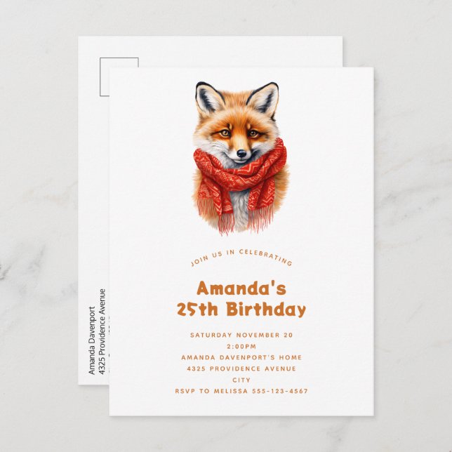 Cute Fox in a Red Scarf Autumn Image Birthday Invitation Postcard (Front/Back)