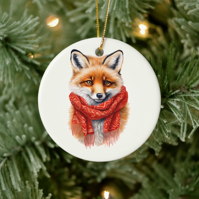 Cute Fox in a Red Scarf Autumn Image Ceramic Tree Decoration (Tree)