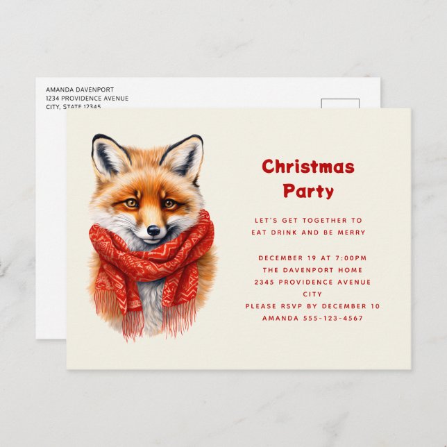 Cute Fox in a Red Scarf Autumn Image Christmas Invitation Postcard (Front/Back)