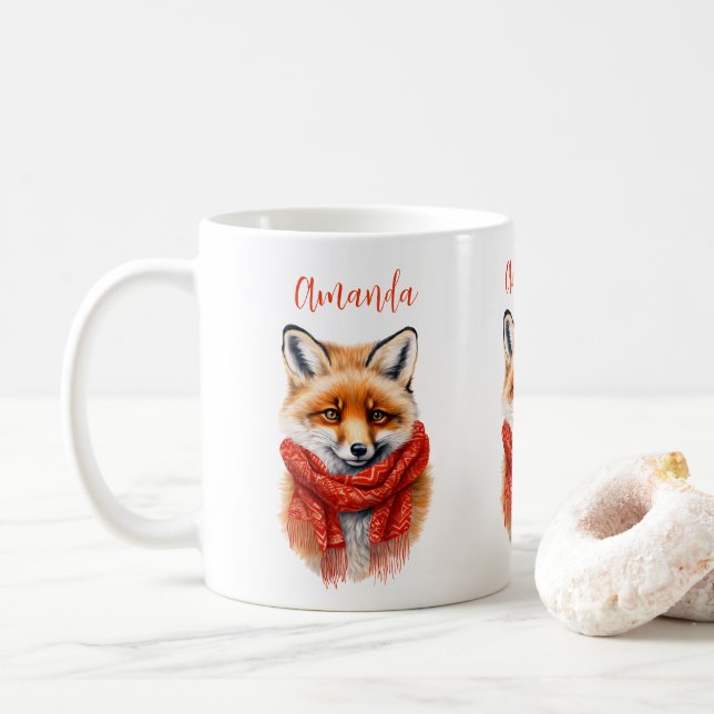 Cute Fox in a Red Scarf Autumn Image Coffee Mug (With Donut)