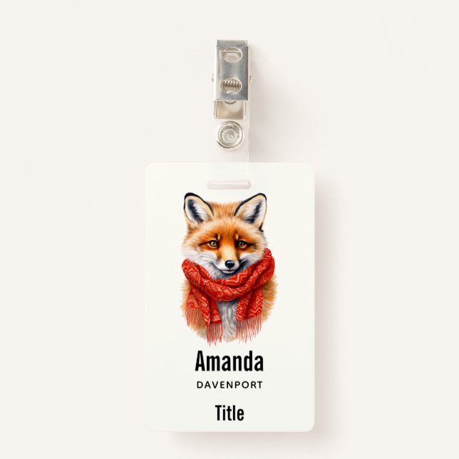 Cute Fox in a Red Scarf Autumn Image ID Badge (Front with Clip)