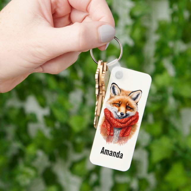 Cute Fox in a Red Scarf Autumn Image Key Ring (Hand)