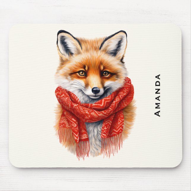 Cute Fox in a Red Scarf Autumn Image Mouse Mat (Front)