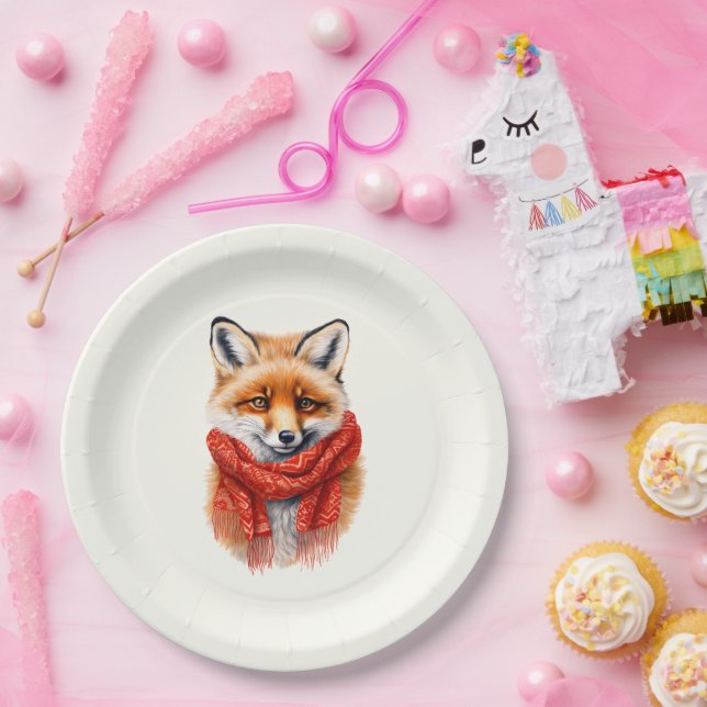 Cute Fox in a Red Scarf Autumn Image Paper Plate (Party)