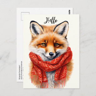 Cute Fox in a Red Scarf Autumn Image Postcard