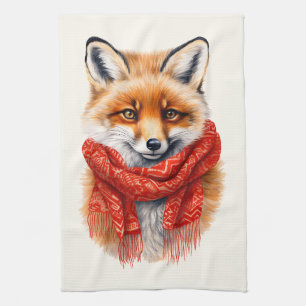Cute Fox in a Red Scarf Autumn Image Tea Towel