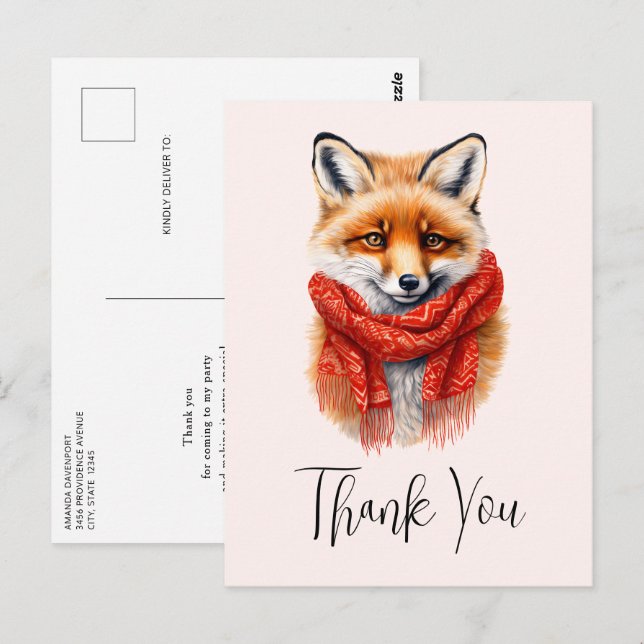 Cute Fox in a Red Scarf Autumn Image Thank You Postcard (Front/Back)