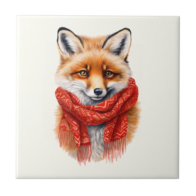 Cute Fox in a Red Scarf Autumn Image Tile (Front)