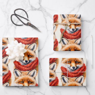 Cute Fox in a Red Scarf Autumn Pattern Wrapping Paper Sheet