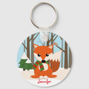 Cute Fox in a snowy forest & custom name Key Ring