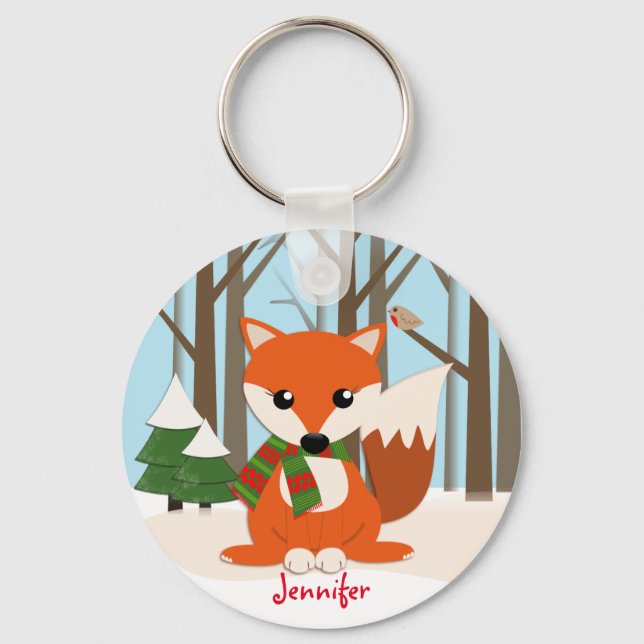 Cute Fox in a snowy forest & custom name Key Ring (Front)