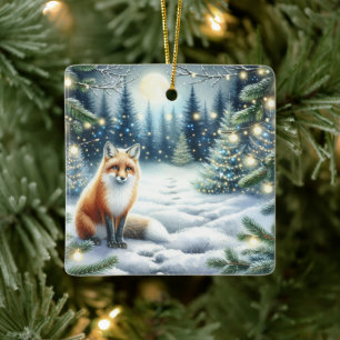 Cute Fox in an Enchanted Forest Christmas Ceramic Ornament