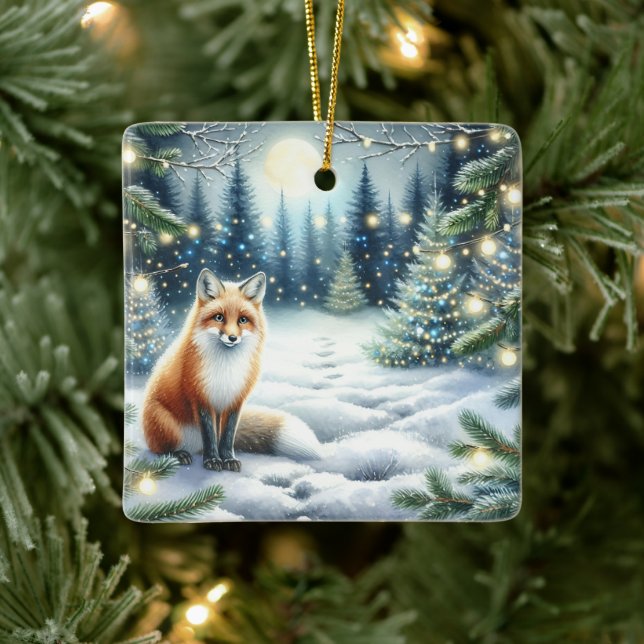 Cute Fox in an Enchanted Forest Christmas Ceramic Ornament (Tree)