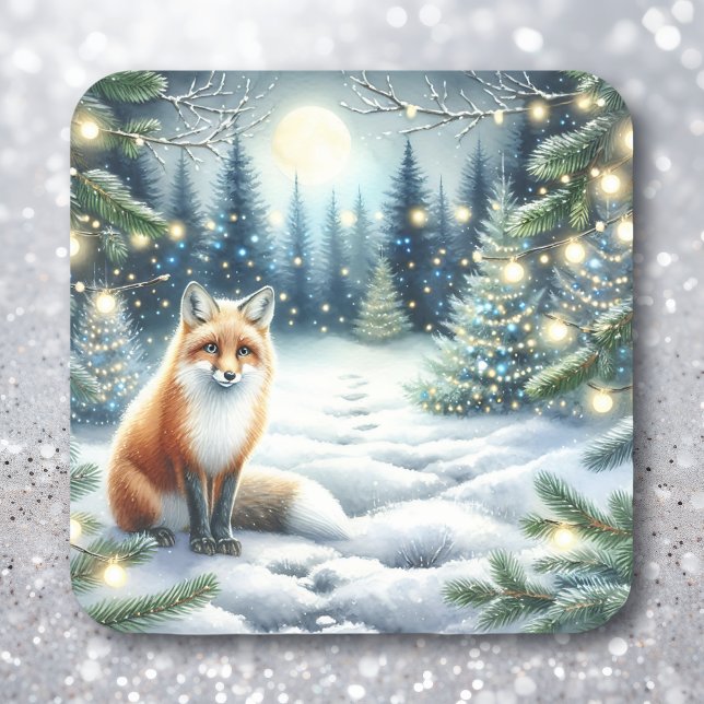 Cute Fox in an Enchanted Forest Christmas Square Sticker (Creator Uploaded)