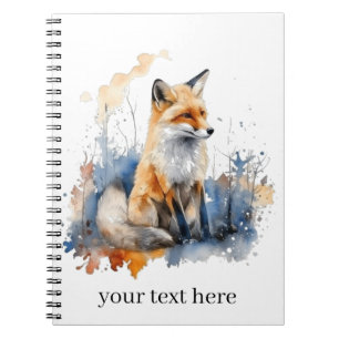 Cute fox in blue and orange watercolor notebook