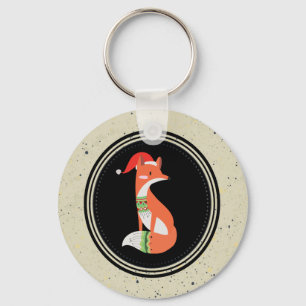 Cute Fox in Christmas Hat inside a Black Circle Key Ring