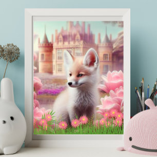 Cute Fox in garden fairytale castle Art Nursery Poster