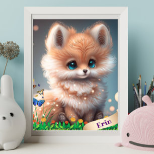 Cute Fox in Garden of Flowers Personalised Art  Poster