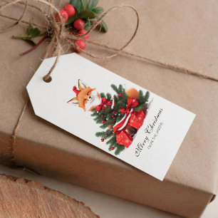 Cute Fox in Red Santa Hat Christmas Personalised Gift Tags