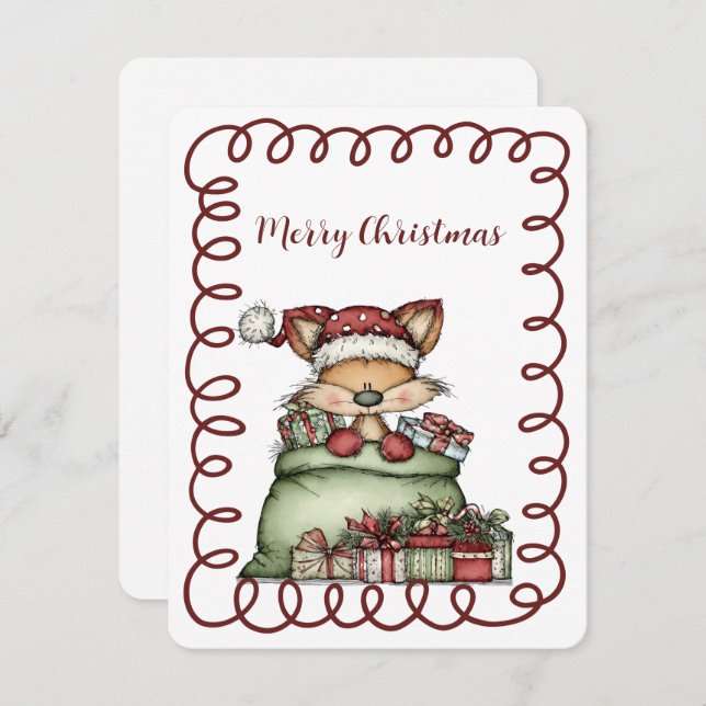 Cute Fox In Santa's Sack of Presents Holiday Card (Front/Back)