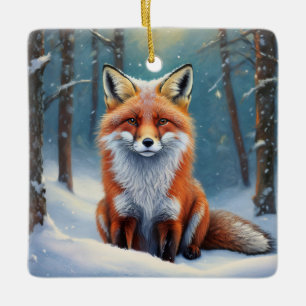 Cute Fox In Snow Covered Forest Ceramic Ornament