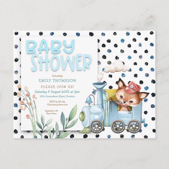 Cute Fox In Train polka dots Blue Baby Shower Invitation Postcard (Front)