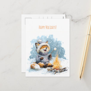 Cute fox in warm sweater roasting marshmallows,  holiday postcard