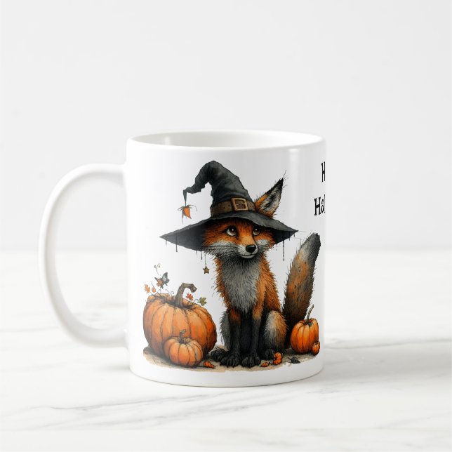 Cute Fox in Witch's Hat Happy Halloween Coffee Mug (Left)